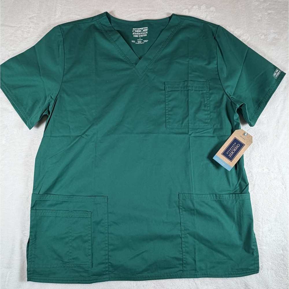 Cherokee Workwear Scrub Unisex Sz M Short Sleeve Top 4725 HUNW‎ Teal Green